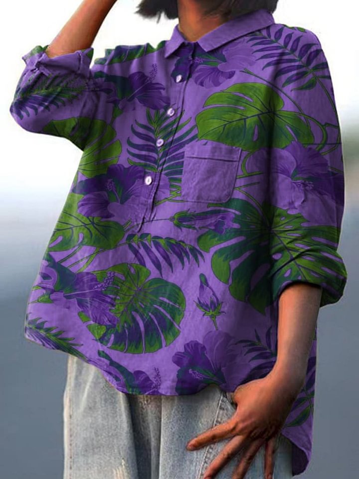 Decorative Pattern of Large Leaves On Purple Background Casual Cotton Shirt