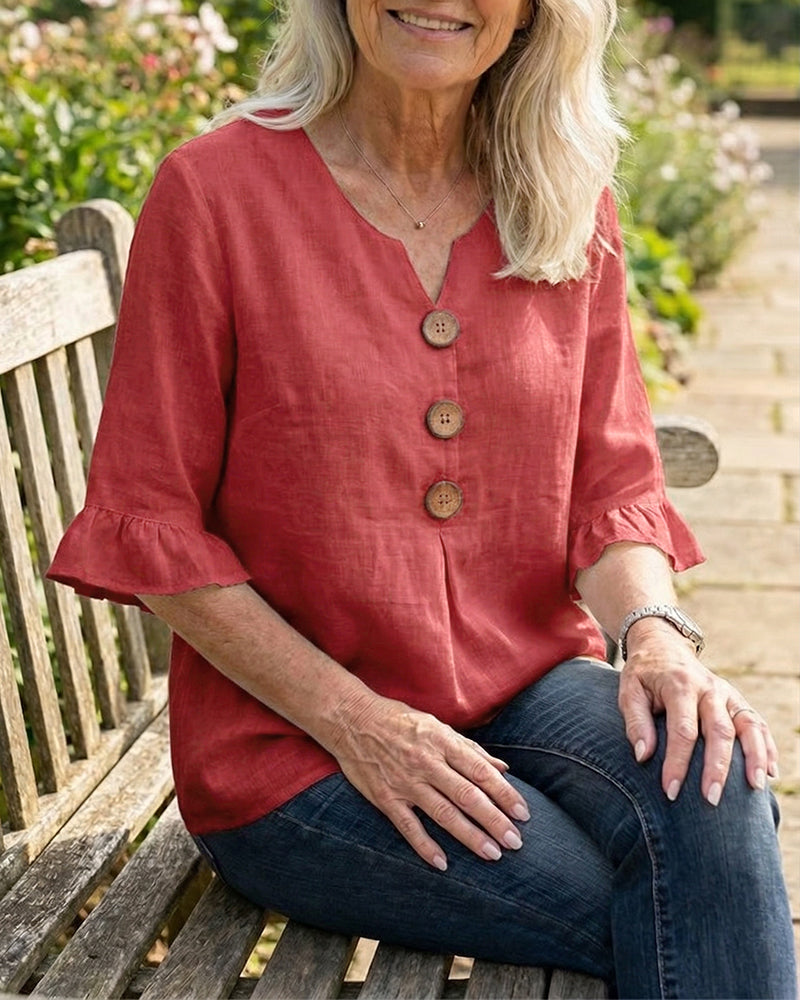 V-Neck Blouse with Wooden Buttons and Ruffled Sleeves
