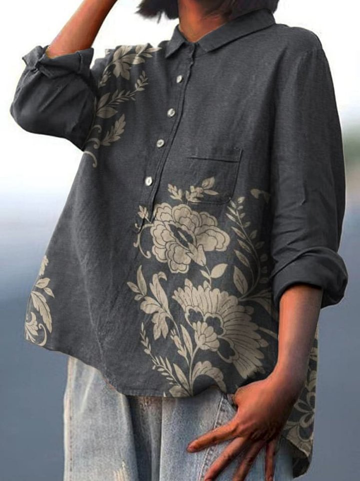 Asymmetric Floral and Leaf Combination Decorative Pattern Casual Cotton Shirt
