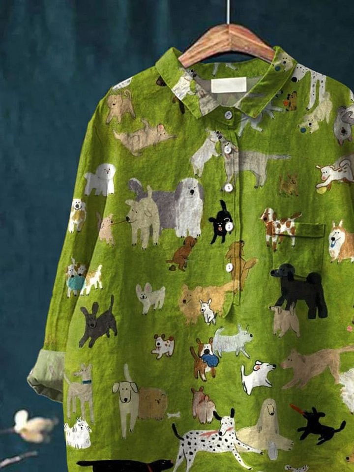 Women's Cute Dog Art Print Casual Cotton Shirt