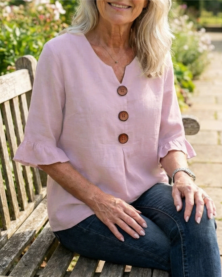 V-Neck Blouse with Wooden Buttons and Ruffled Sleeves