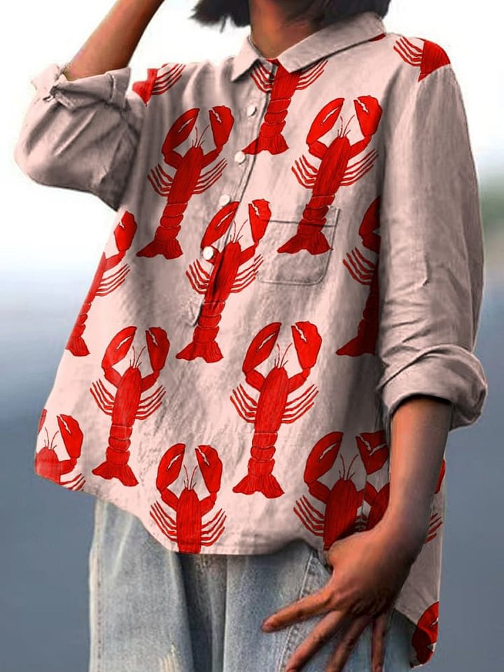 Decorative Pattern of Red Lobsters Arranged On Pink Background Casual Cotton Shirt
