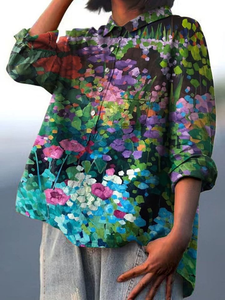 Oil Painting Garden Decorative Pattern Casual Cotton Shirt
