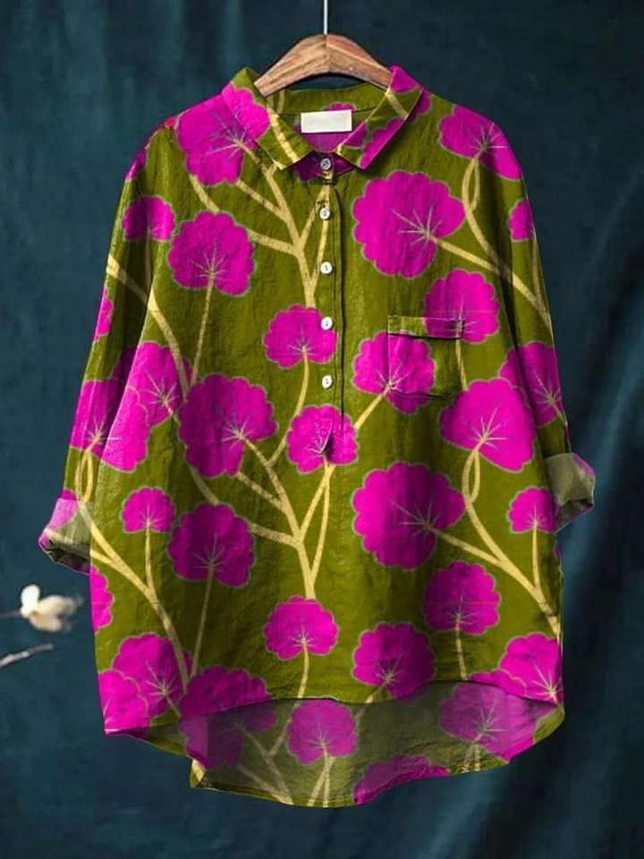 Women's Vintage Flower Art Print Casual Cotton Shirt
