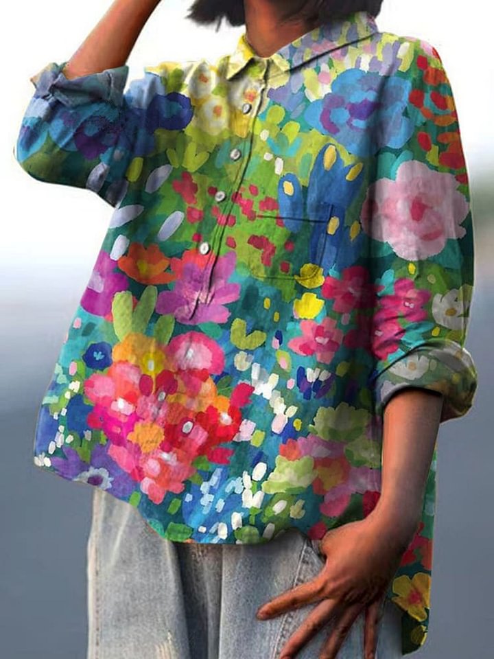 Women's Vintage Lovely Floral Art Print Casual Cotton Shirt