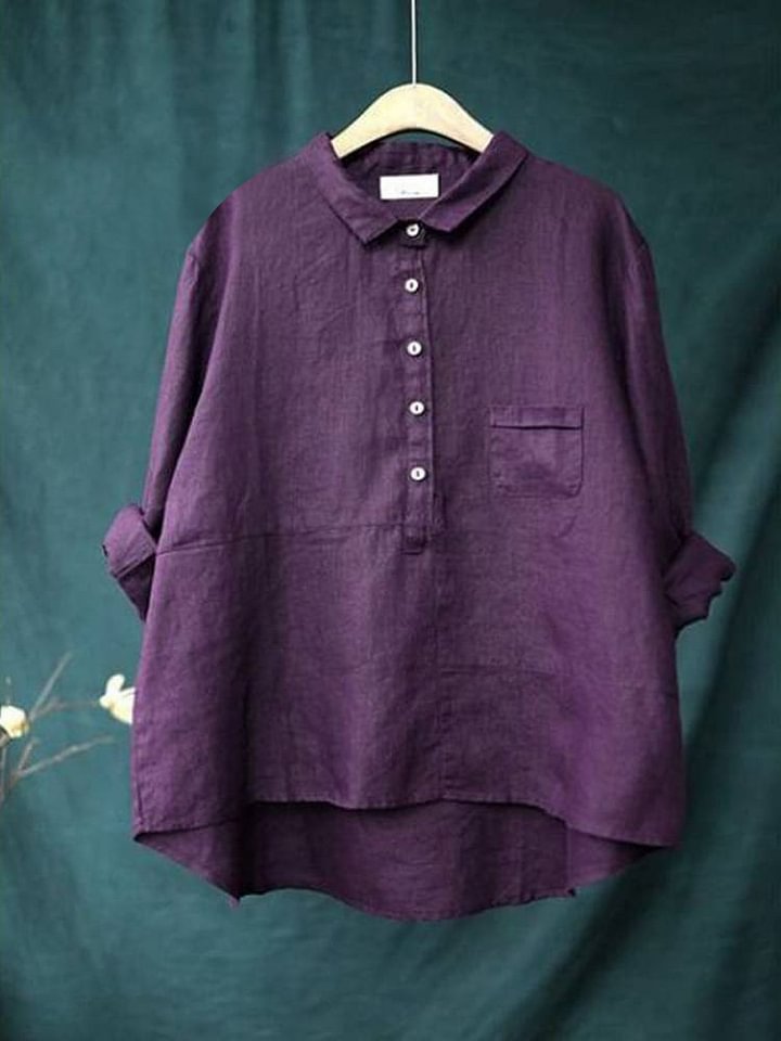 Women's Lapel Neck Casual Solid Colour Cotton Long Sleeve Shirt