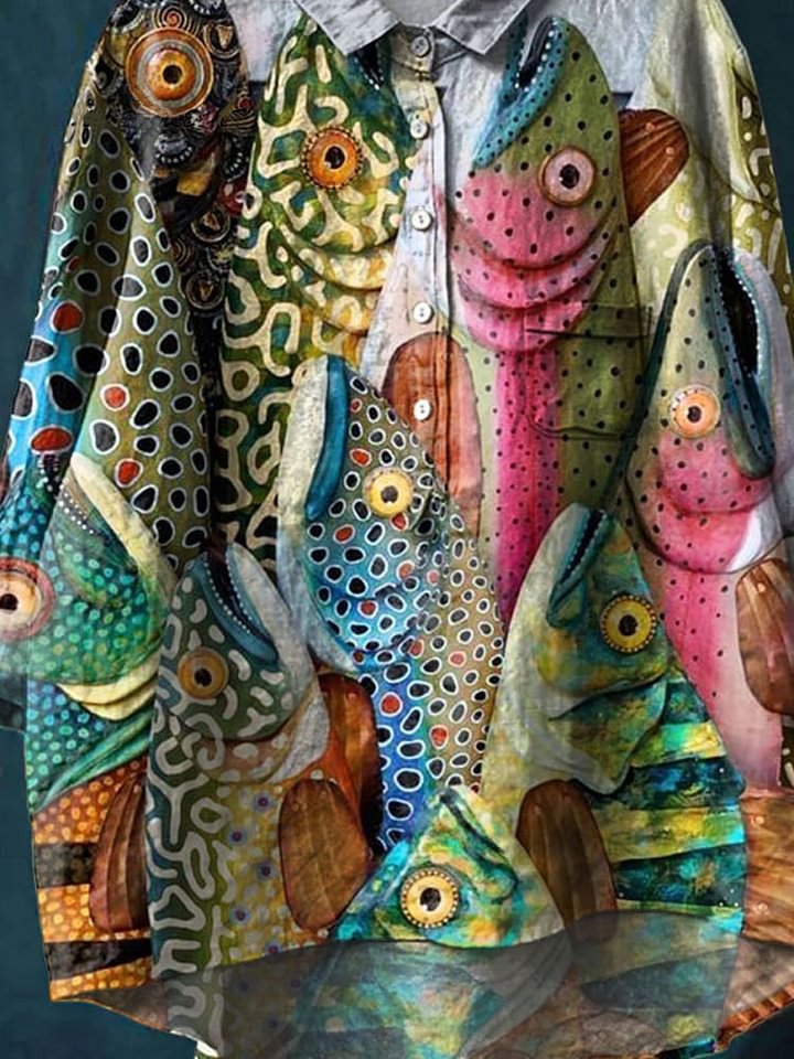 Vintage Funny Fish Art Print Casual Cotton Shirt