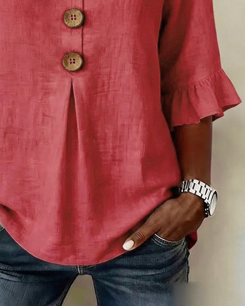 V-Neck Blouse with Wooden Buttons and Ruffled Sleeves