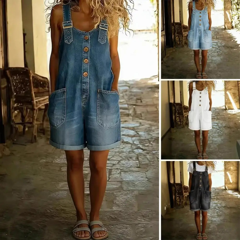 Saylor - Vintage short Cotton Denim-Look Overalls with Adjustable straps