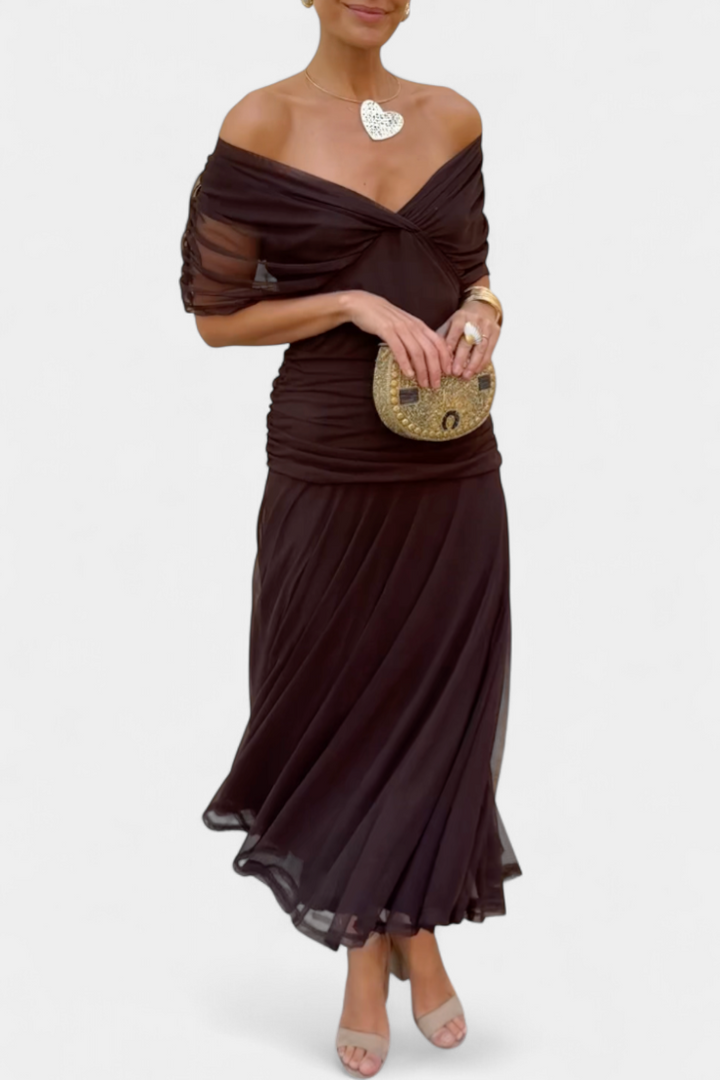 Elegant Knee Length Dress Deep V Neck Ruched Waist