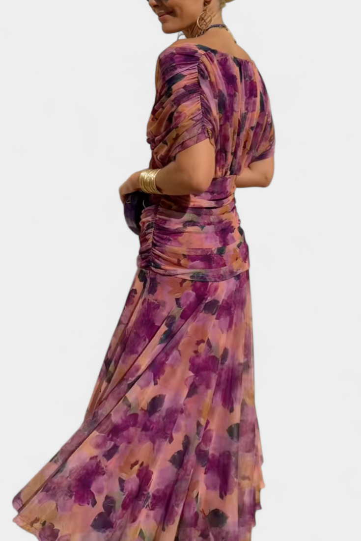 Elegant Knee Length Dress Deep V Neck Ruched Waist
