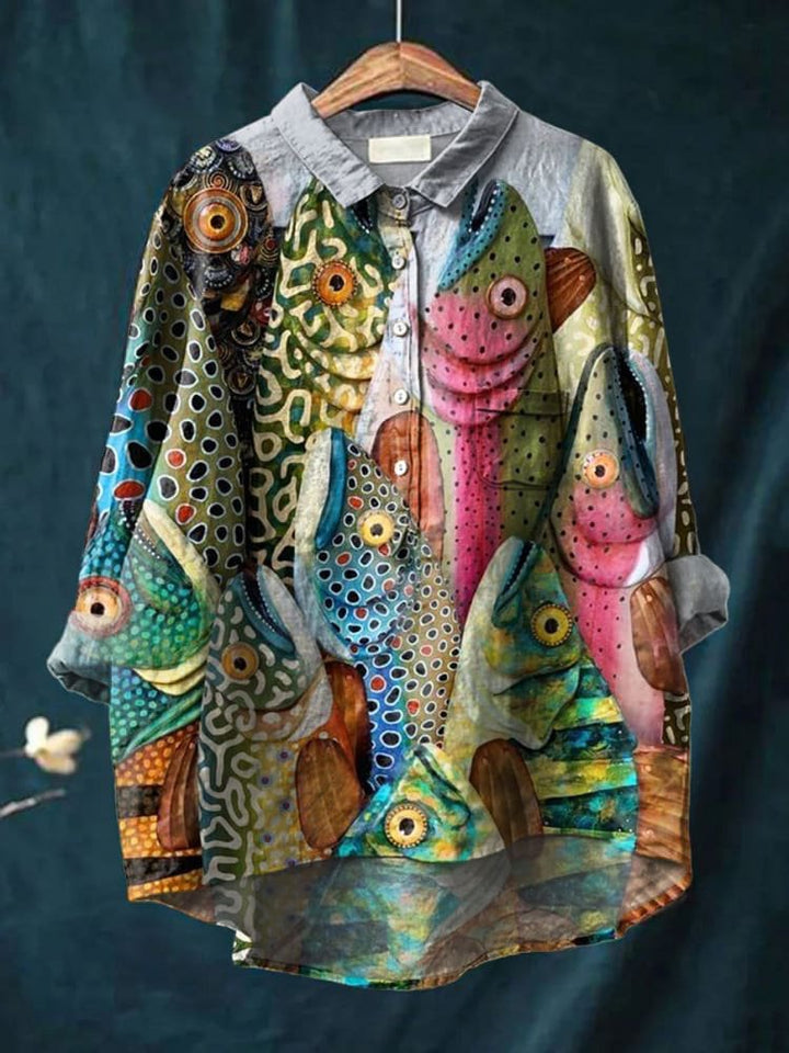 Vintage Funny Fish Art Print Casual Cotton Shirt