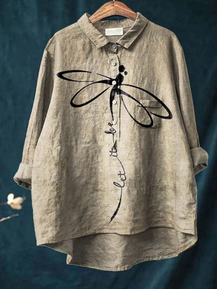 Let It Be Dragonfly Art Pattern Print Casual Cotton Shirt