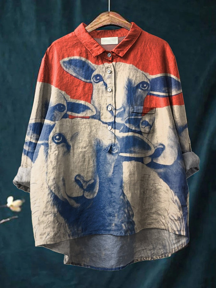 Women's Vintage Hand-Painted Lambs Print Casual Cotton Shirt