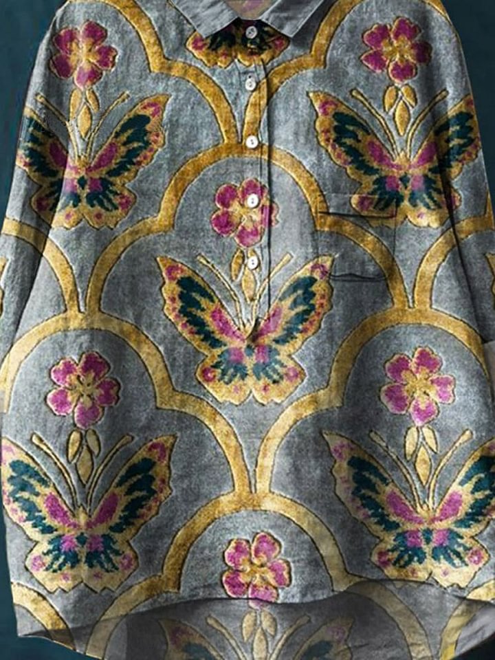 Vintage Lovely Butterflies Art Print Casual Cotton Shirt