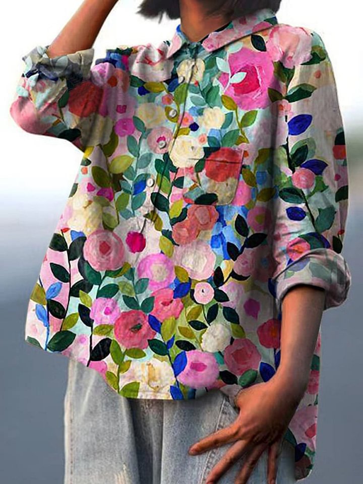 Colourful Spring Floral Garden Printed Women's Casual Cotton Shirt