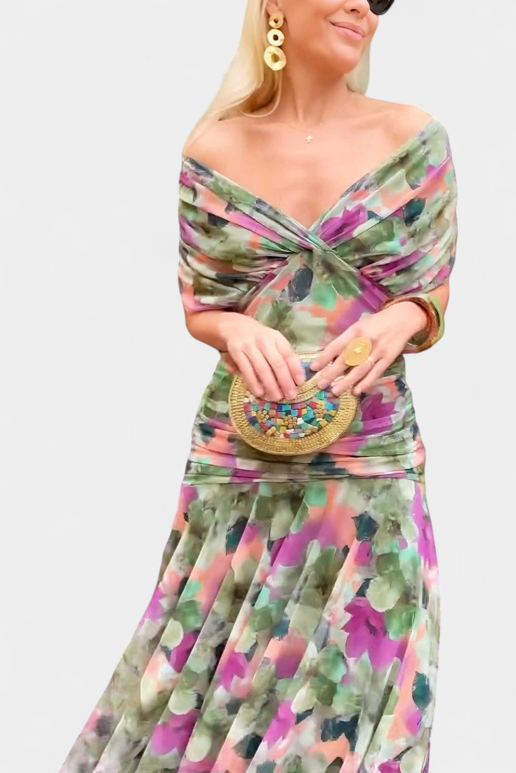 Elegant Knee Length Dress Deep V Neck Ruched Waist